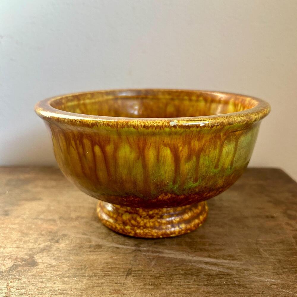 Vintage MCM Rockingham Brown and Chartreuse Art Pottery Pedestal Vase